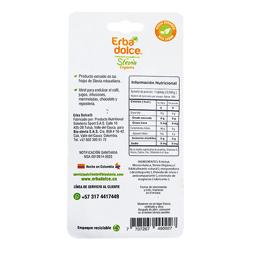 Pastillero 100 tabletas Stevia Natural -Erba Dolce - Imagen 2